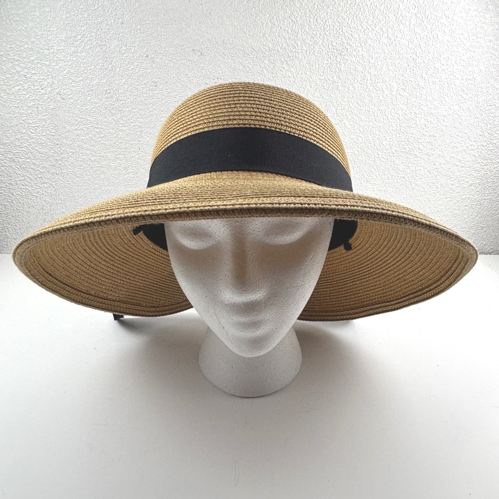 Verabella Sun Hat Women OS Tan Black Adjustable Wide Brim Bow Straw Visor Summer